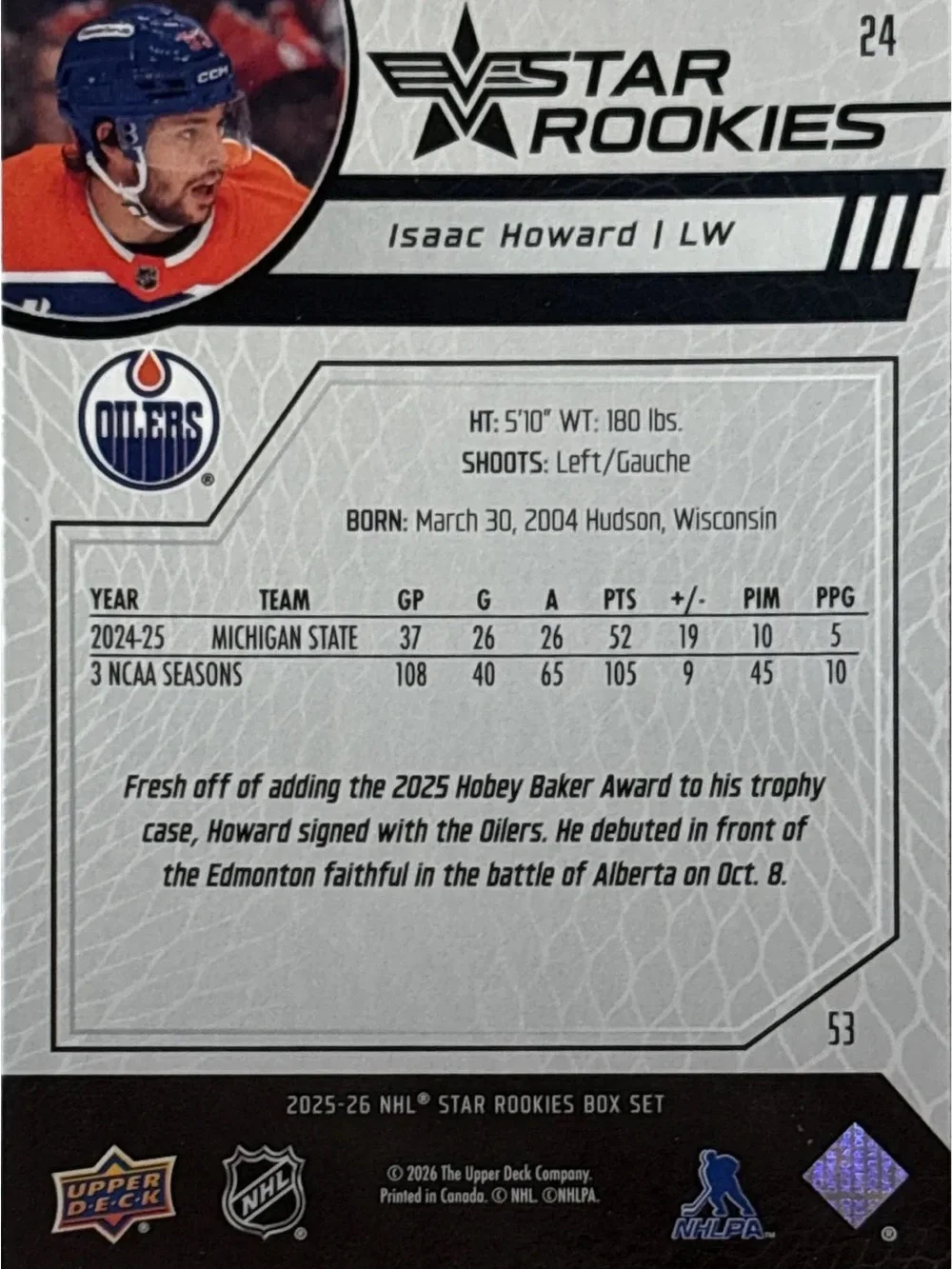 Upper Deck Star Rookie Trading Card — Isaac Howard (Edmonton Oilers)